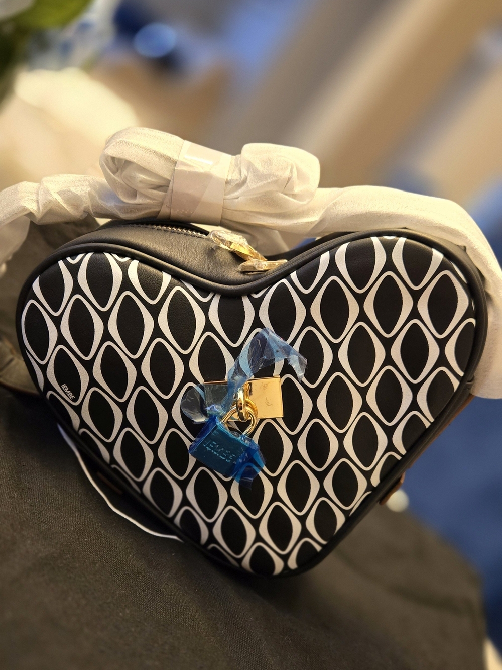 IEMBE Heart-Shaped Bag Black & White Monogram Leather Gold Lock